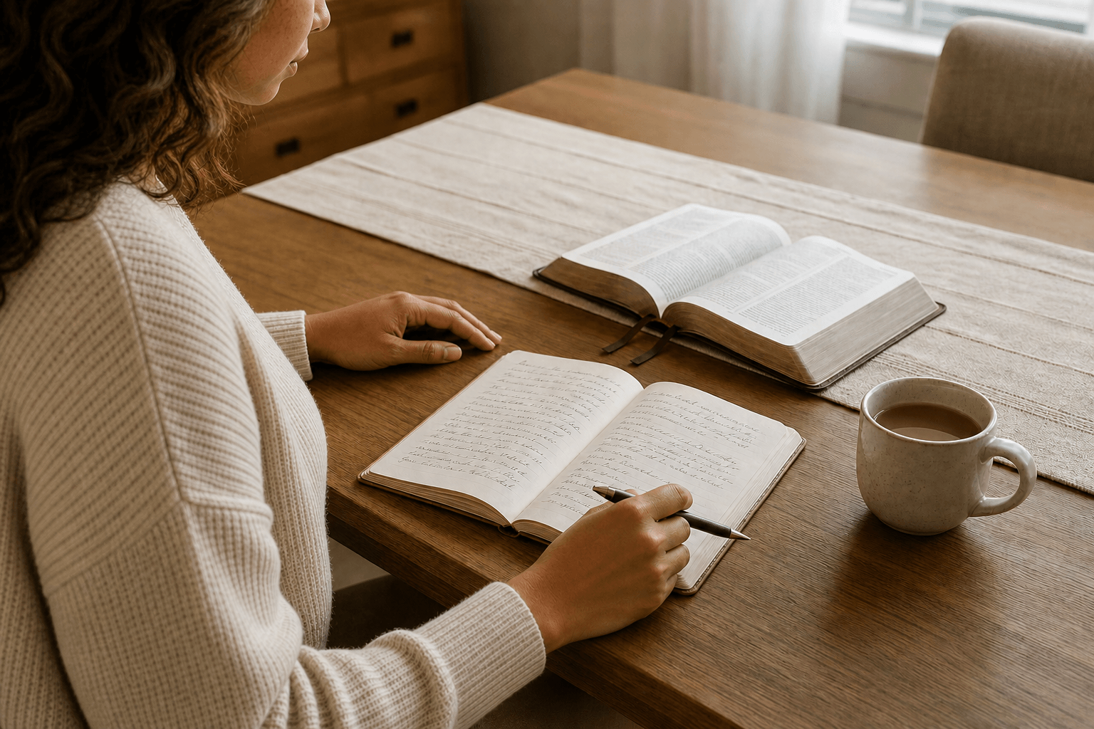 A woman reflecting in her devotional journal beside an open Bible