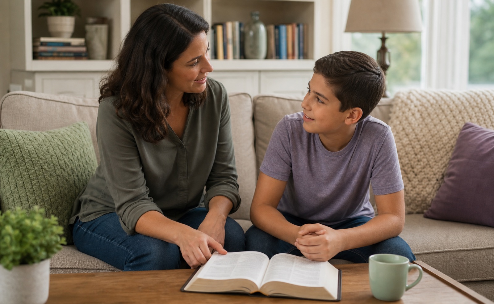 A mother and son talking warmly together over an open Bible in their family room.